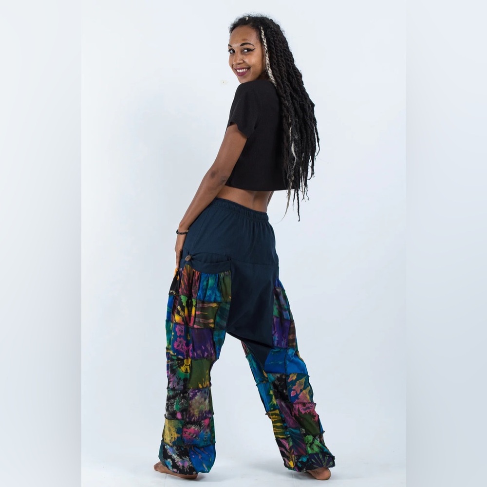Tie Dye Patchwork Cotton Women Harem Pants in Navy - Picture 7 of 9